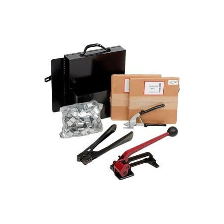 Pac Strapping Products Pac Strapping Steel Kit w/ Tensioner/Sealer/Cutter/Case & Two 1/2" Strap Width x 200'L Coils, Black SK48